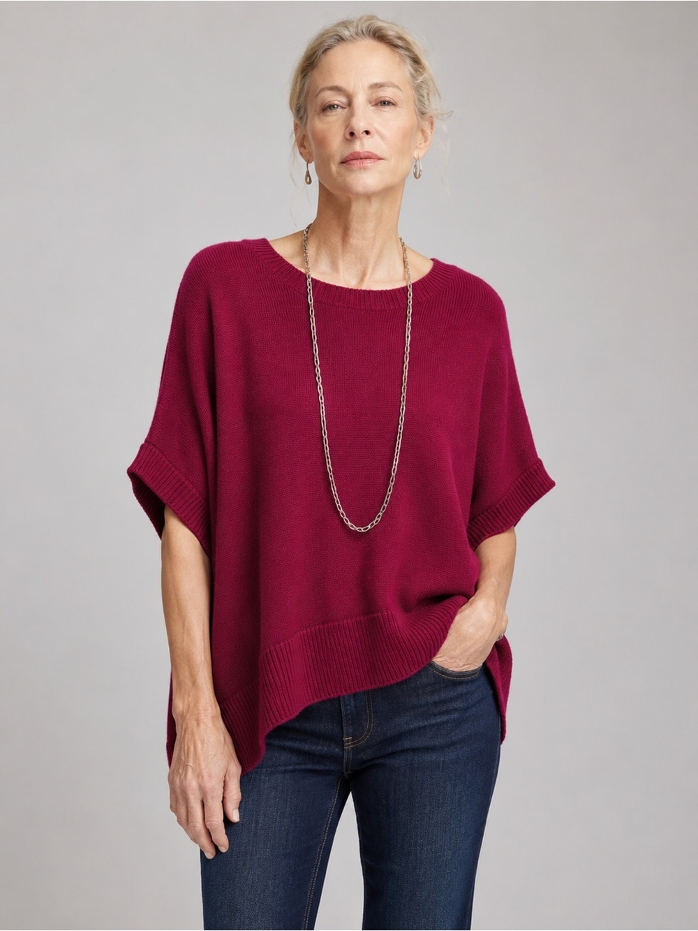 Chicos Cotton Knit Dolman Sleeve Pullover Burgundy Boat Neck Poncho Sweater